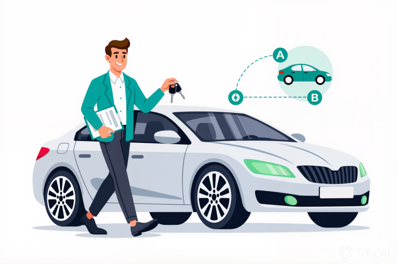 professional car transport driver standing next to luxury car, modern automotive logistics, clean professional photography